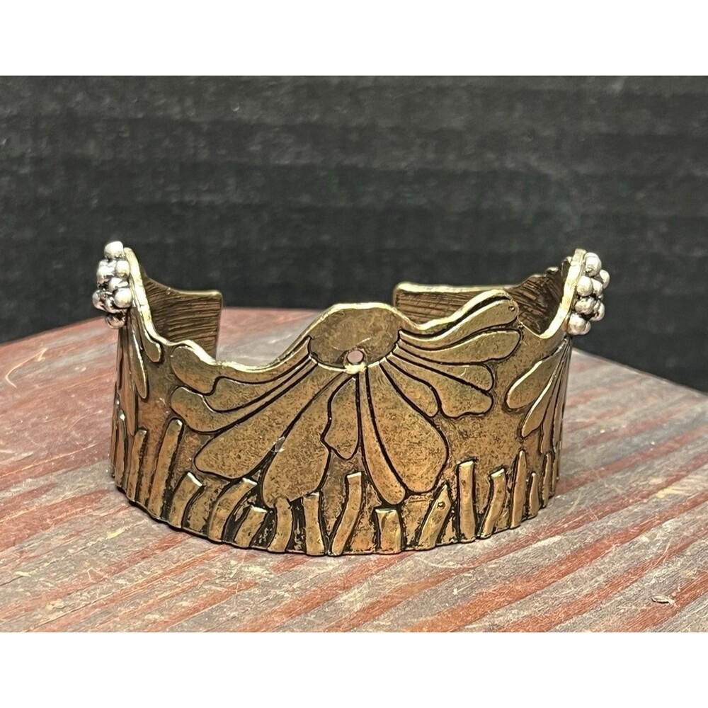 Handcrafted Gold Tone Silver Accents Floral Asymmetrical Cuff Bracelet READ
